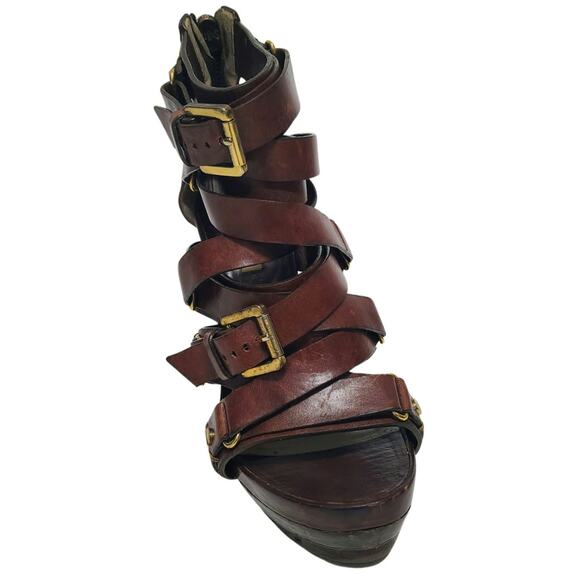 Michael Kors Collection Extreme Strap Brown Leather Platform Gladiator Size 9.5 - Picture 3 of 13
